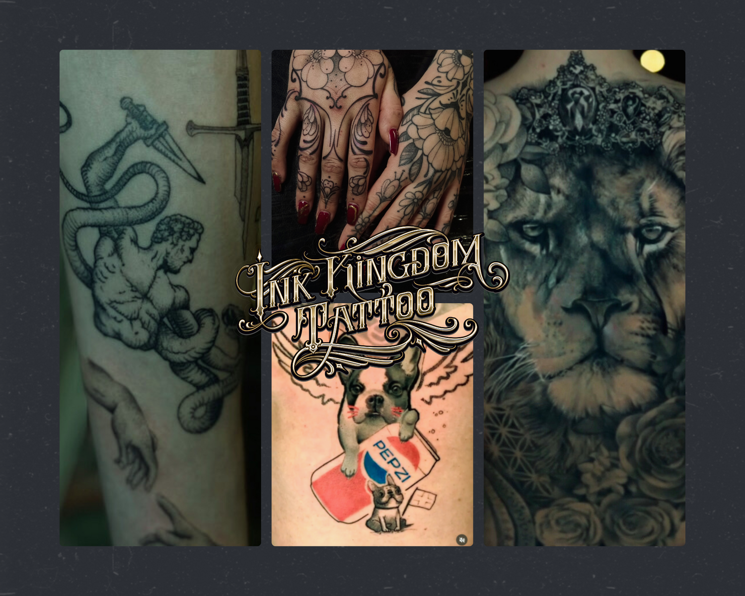 Den här bilden visar fyra exempel på våra tatuerares verk.
